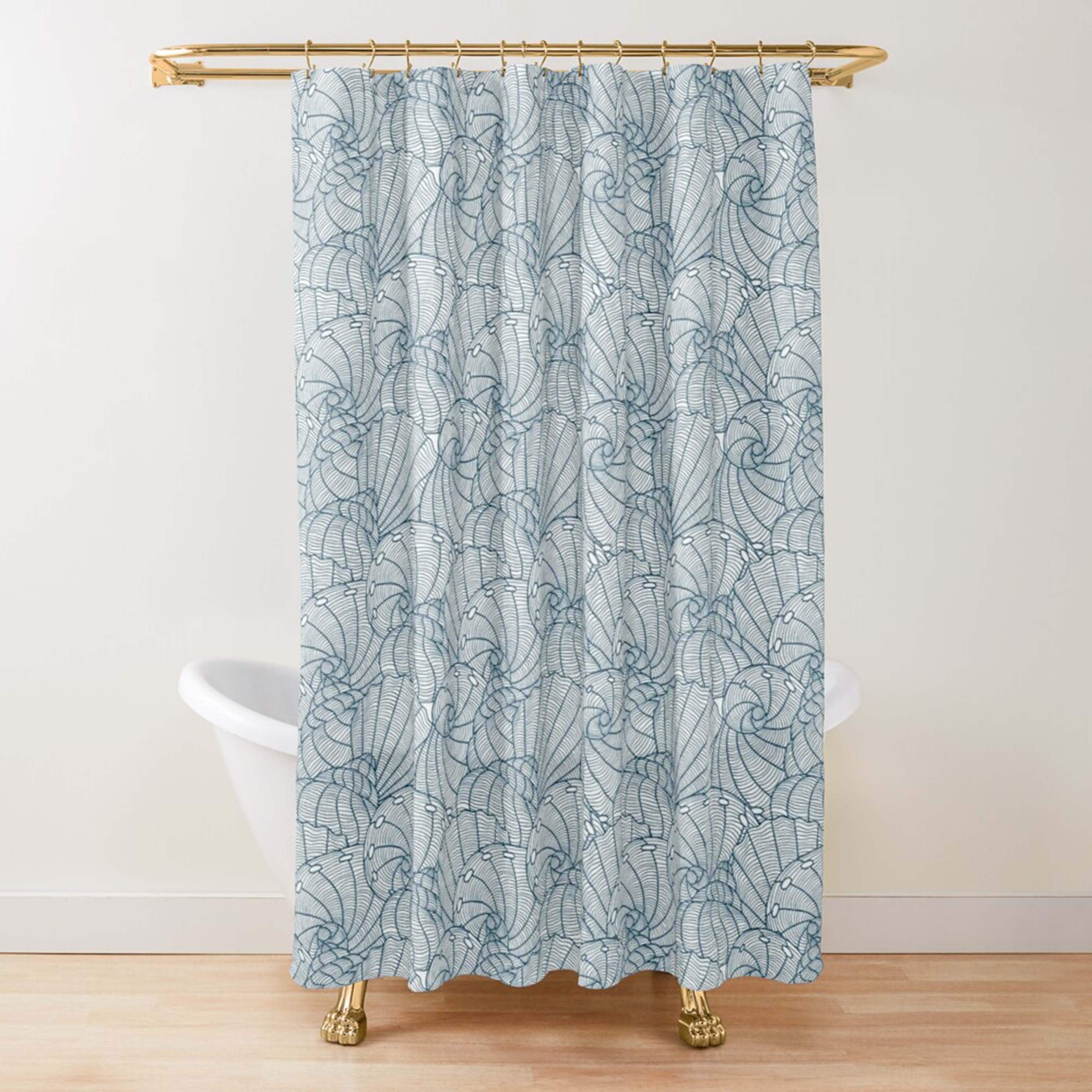 Blue Seashell Shower Curtain, Ocean Sea Creature Beach Pattern Fabric Bathroom Curtain, Home Bathroom Decor - Image 2