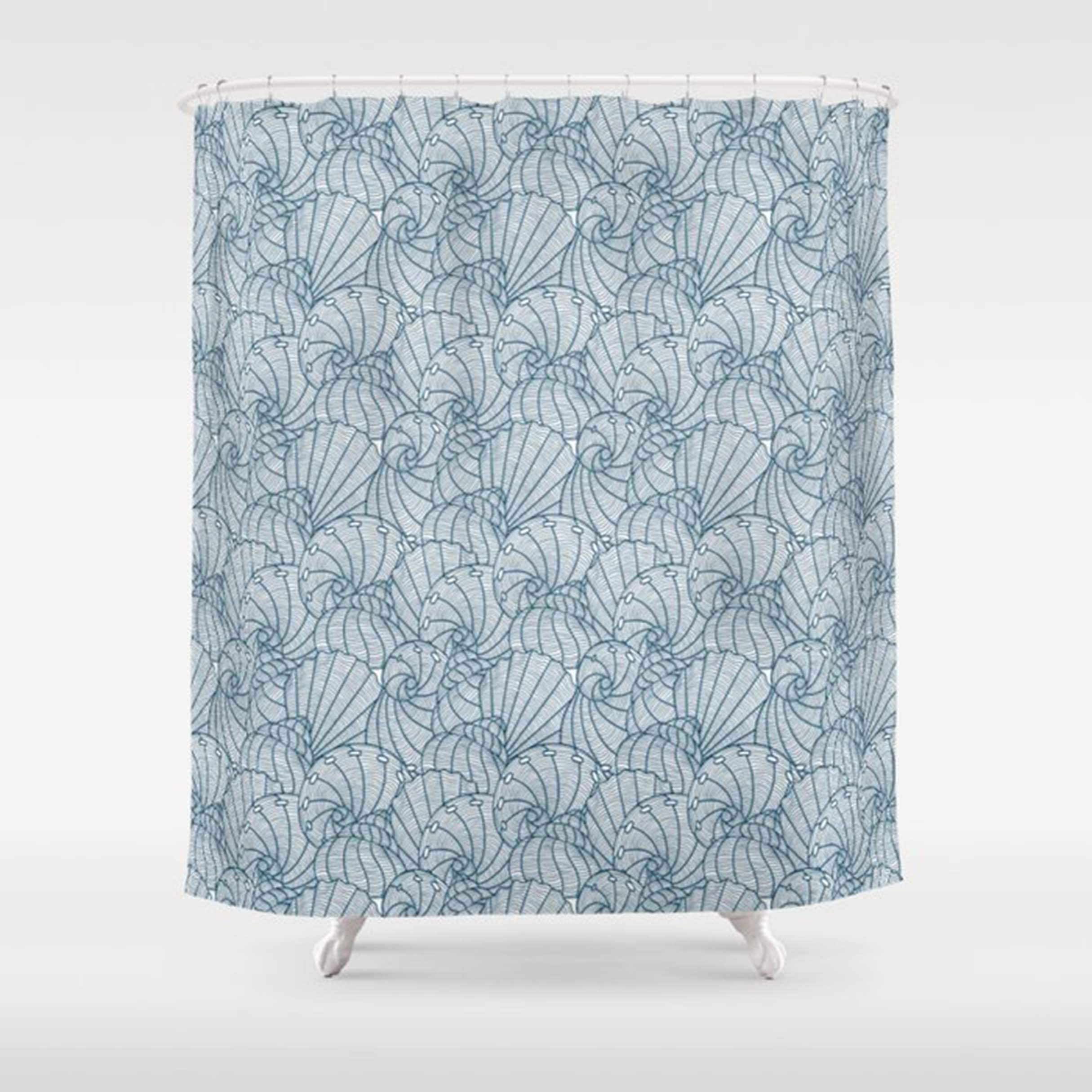 Blue Seashell Shower Curtain, Ocean Sea Creature Beach Pattern Fabric Bathroom Curtain, Home Bathroom Decor - Image 3