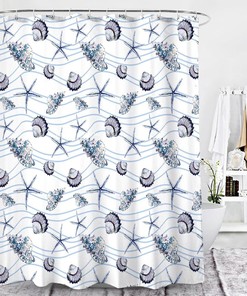 Blue Seashell Starfish Shower Curtain, Ocean Life Sea Creature Beach Pattern Fabric Bathroom Curtain, Home Bath Decor