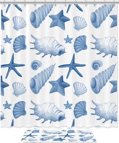 Blue Seashells Conch Pattern Waterproof Shower Curtain, Bathroom Curtain, Underwater Life