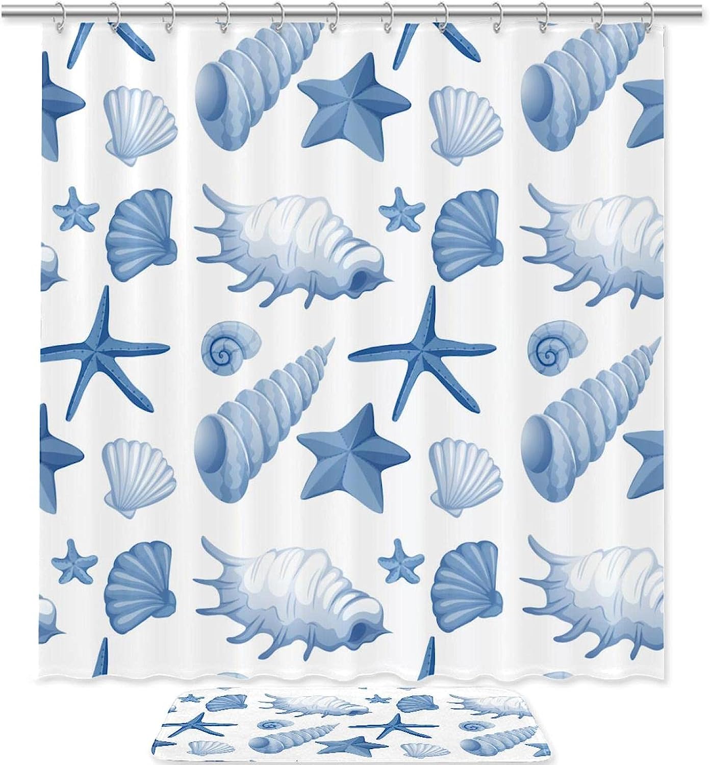Blue Seashells Conch Pattern Waterproof Shower Curtain, Bathroom Curtain, Underwater Life
