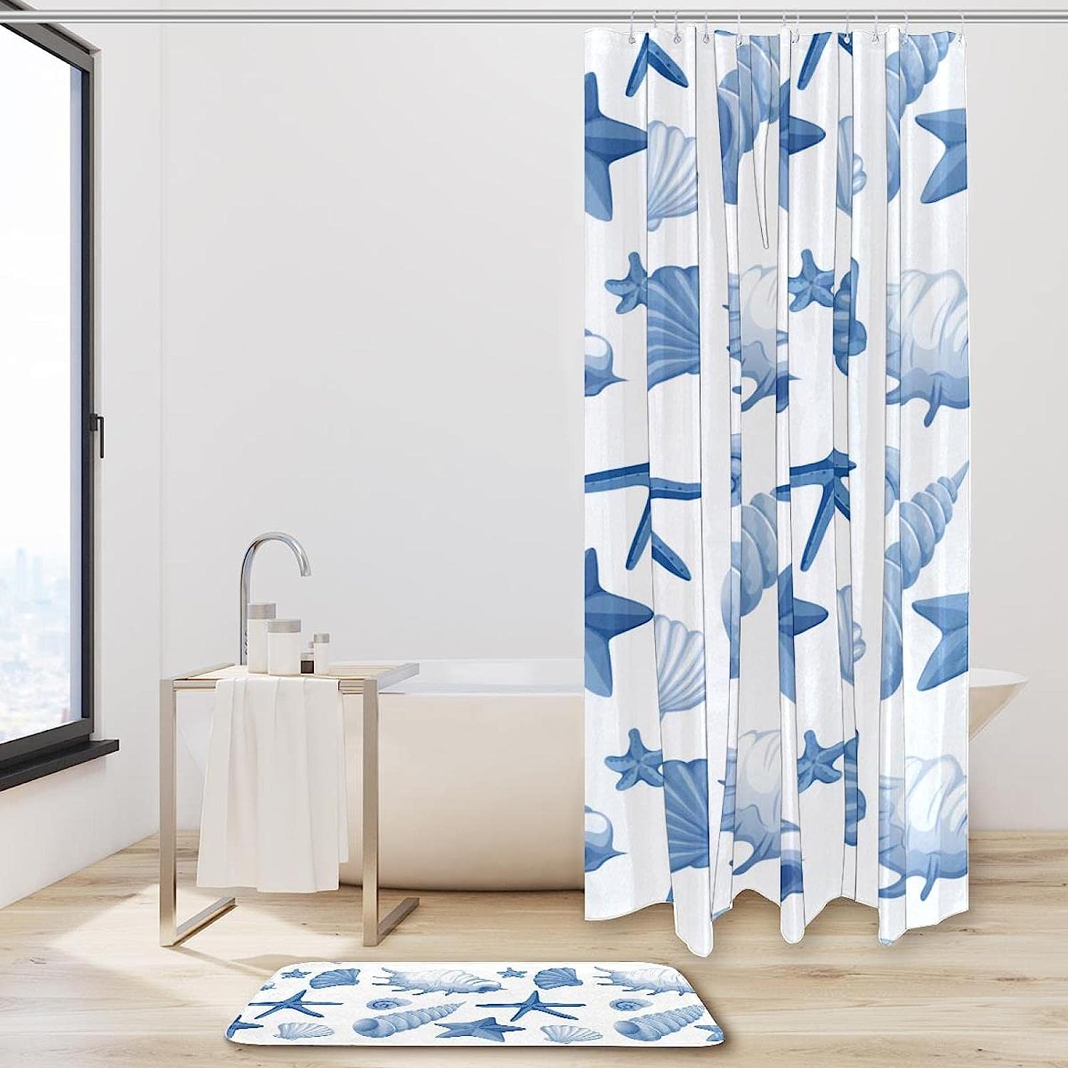 Blue Seashells Conch Pattern Waterproof Shower Curtain, Bathroom Curtain, Underwater Life - Image 2