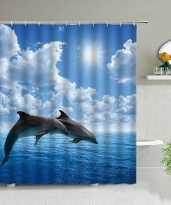 Blue Seawater And Waves Funny Dolphin Shower Curtain - Cute Animal Bathroom Decor
