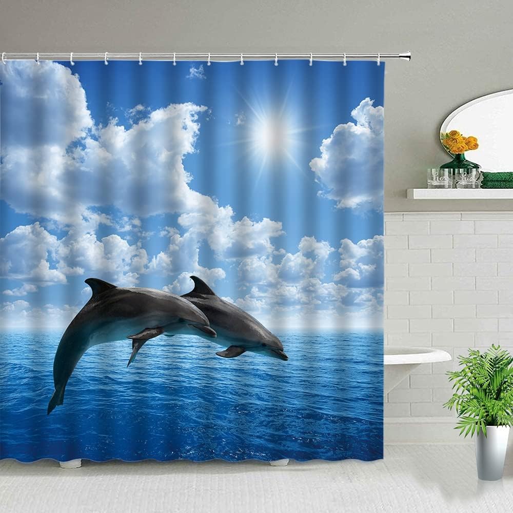 Blue Seawater And Waves Funny Dolphin Shower Curtain - Cute Animal Bathroom Decor