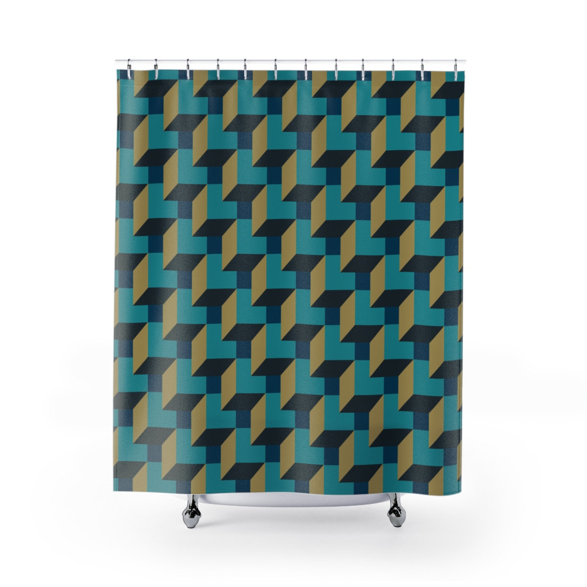 Blue Shadow Boxes 3D Geometric Design Shower Curtain, Bathroom Decoration