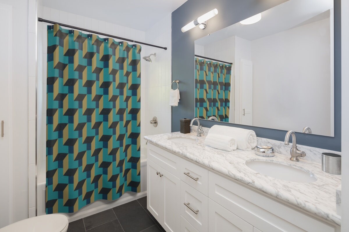 Blue Shadow Boxes 3D Geometric Design Shower Curtain, Bathroom Decoration - Image 2