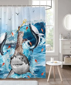 Blue Shark Cat Shower Curtain - A Playful And Fierce Bathroom Accessory For Kids