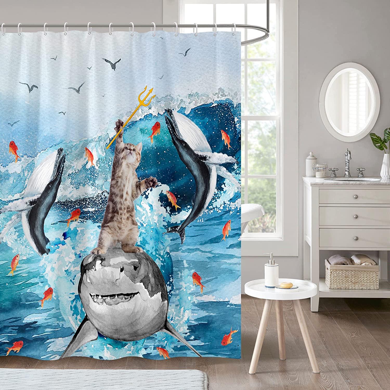 Blue Shark Cat Shower Curtain - A Playful And Fierce Bathroom Accessory For Kids