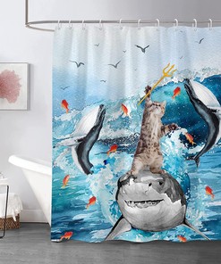 Blue Shark Cat Shower Curtain - A Playful And Fierce Bathroom Accessory For Kids