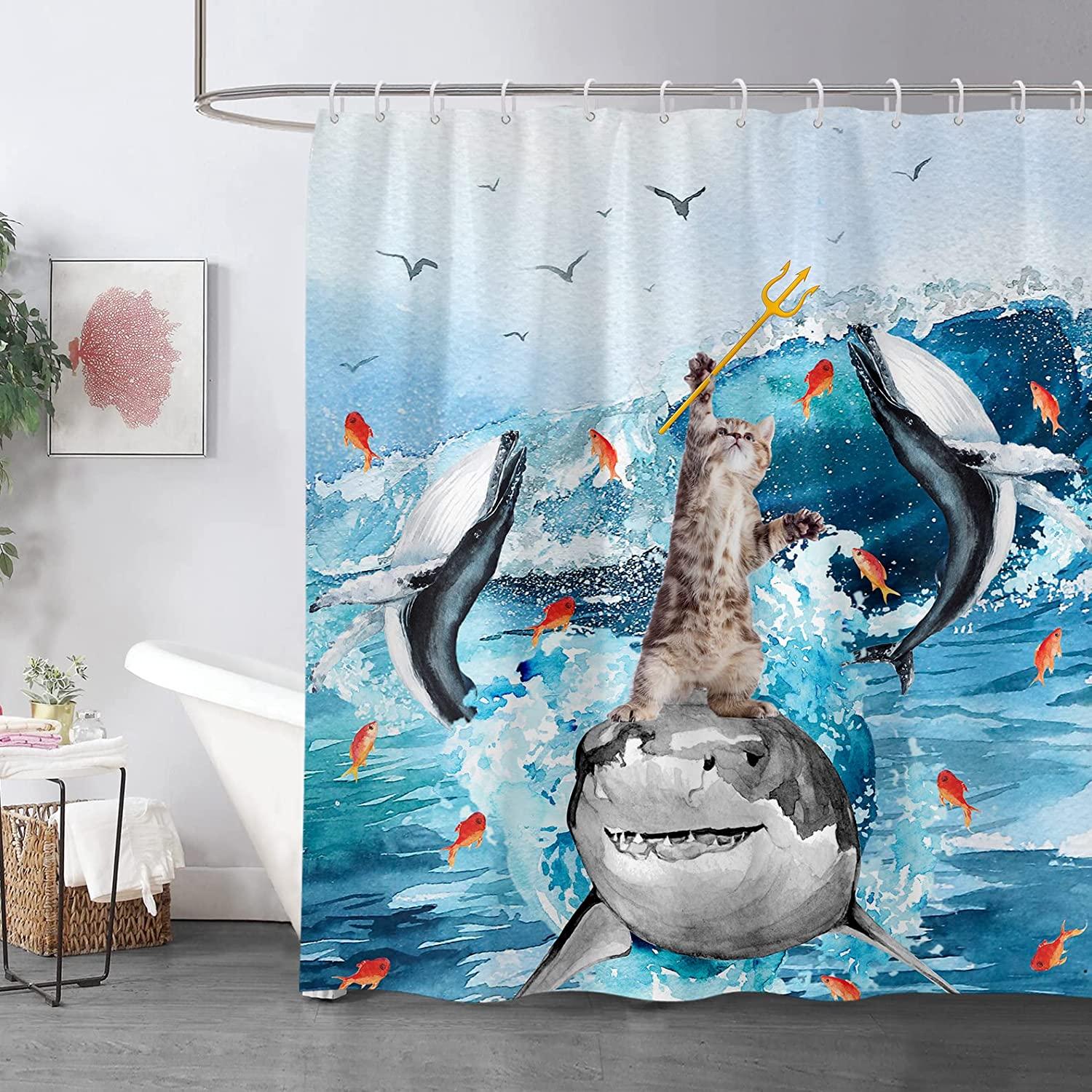 Blue Shark Cat Shower Curtain - A Playful And Fierce Bathroom Accessory For Kids