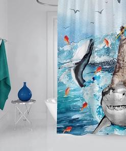 Blue Shark Cat Shower Curtain - A Playful And Fierce Bathroom Accessory For Kids
