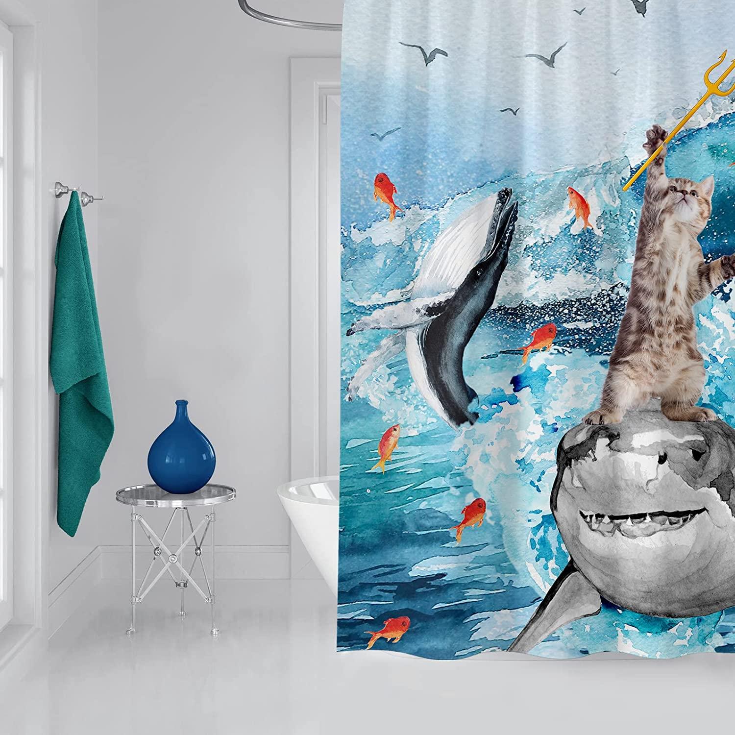Blue Shark Cat Shower Curtain - A Playful And Fierce Bathroom Accessory For Kids