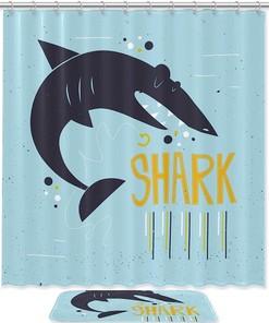 Blue Shark Ocean Shower Curtain Set With Hookless Bath Accessories - Perfect For Beachy Bathrooms
