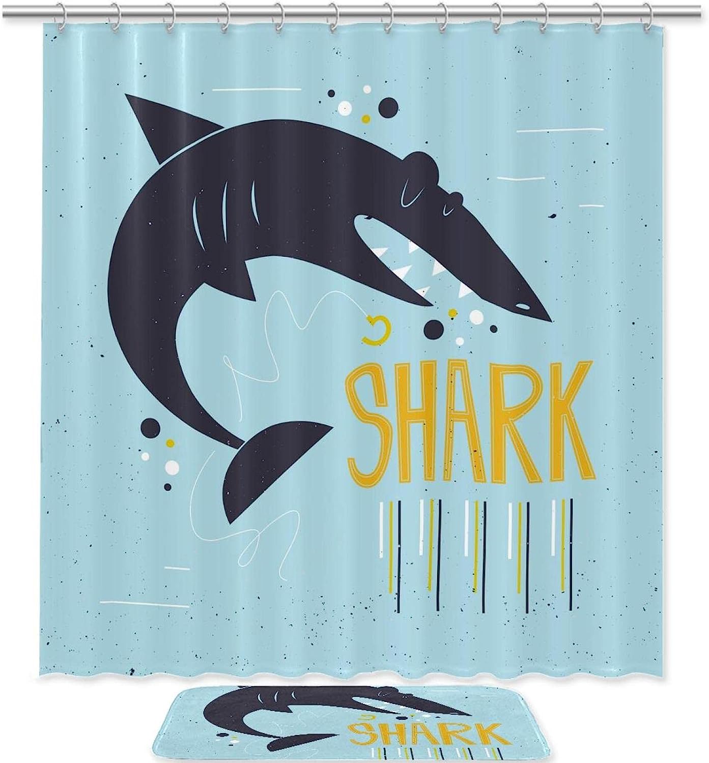 Blue Shark Ocean Shower Curtain Set With Hookless Bath Accessories - Perfect For Beachy Bathrooms