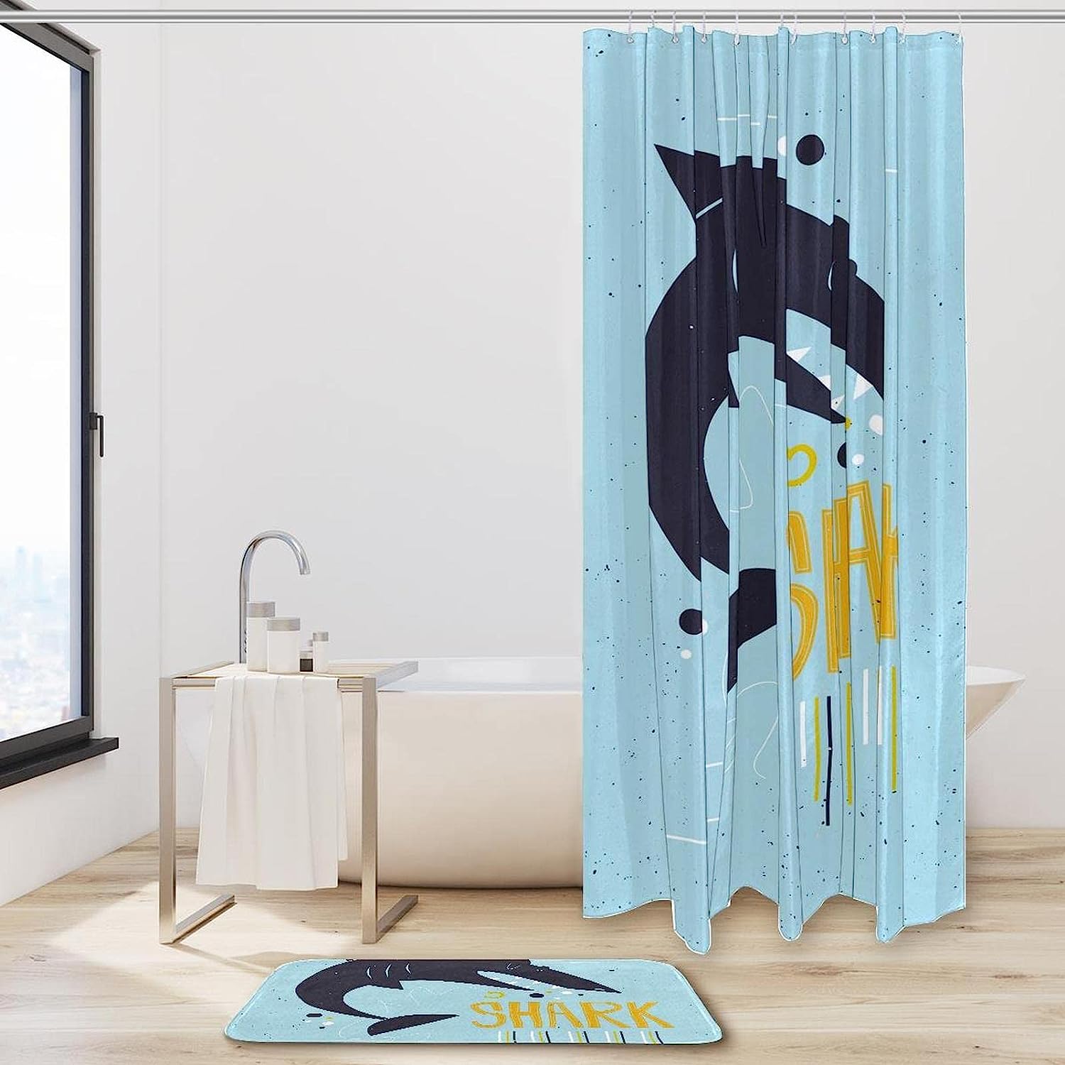 Blue Shark Ocean Shower Curtain Set With Hookless Bath Accessories - Perfect For Beachy Bathrooms - Image 2