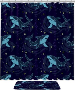 Blue Shark Print Bathroom Tub Set With Waterproof Fabric Shower Curtain