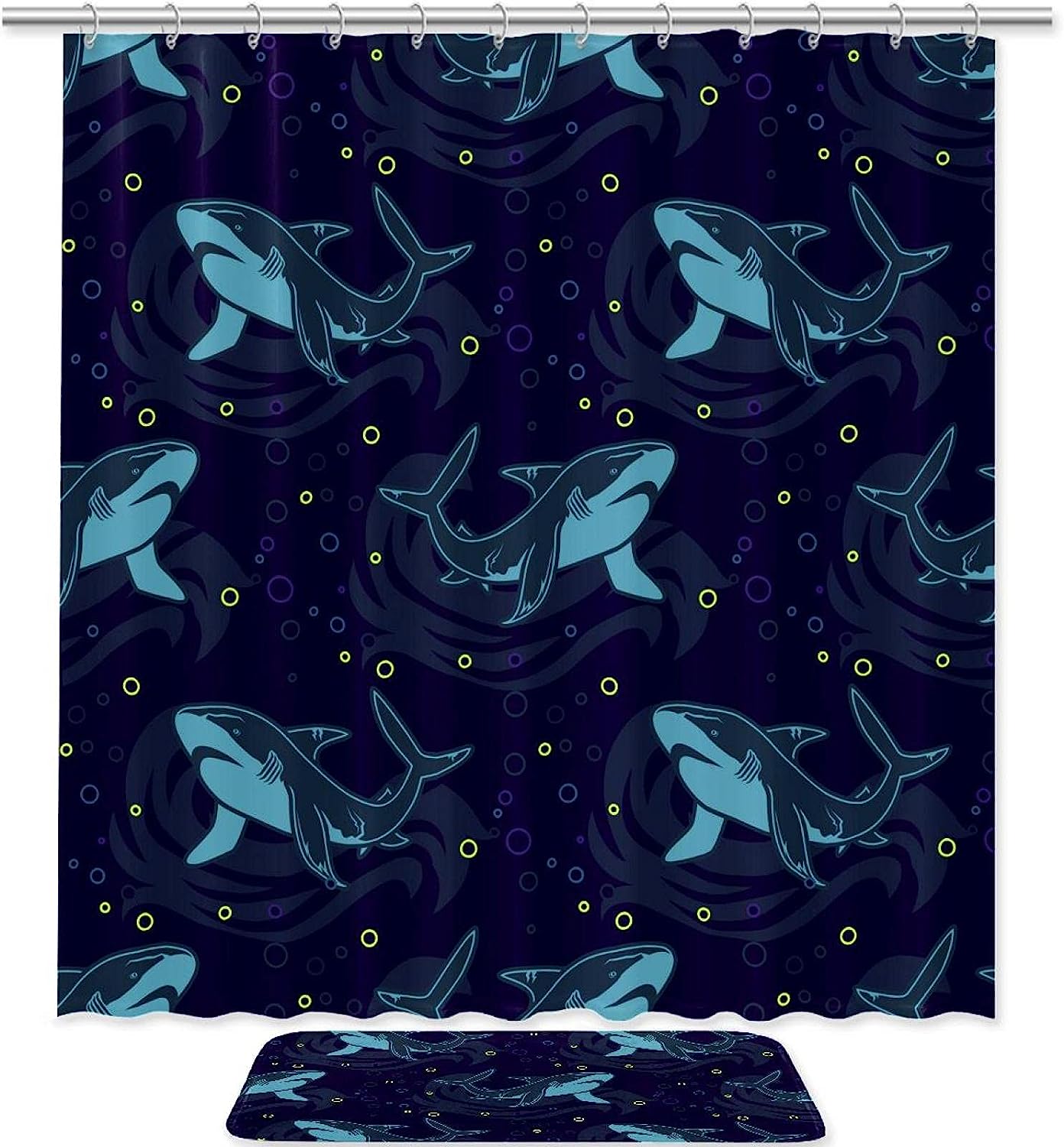 Blue Shark Print Bathroom Tub Set With Waterproof Fabric Shower Curtain