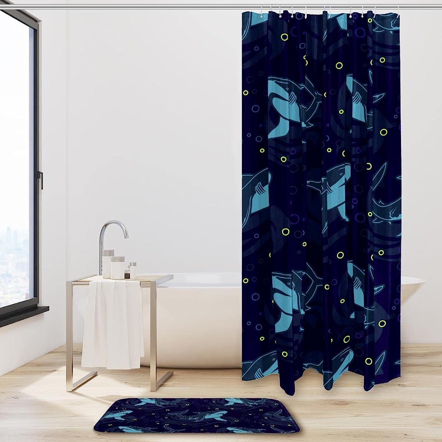 Blue Shark Print Bathroom Tub Set With Waterproof Fabric Shower Curtain - Image 2