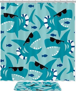 Blue Shark Shower Curtain with Ocean Theme - Mat Set for Bathroom Shower Curtain