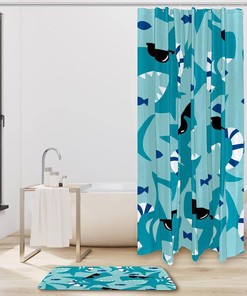 Blue Shark Shower Curtain with Ocean Theme - Mat Set for Bathroom Shower Curtain