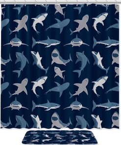 Blue Sharks Pattern Navy Background Shower Curtain, Waterproof Fabric, Bathroom Accessories