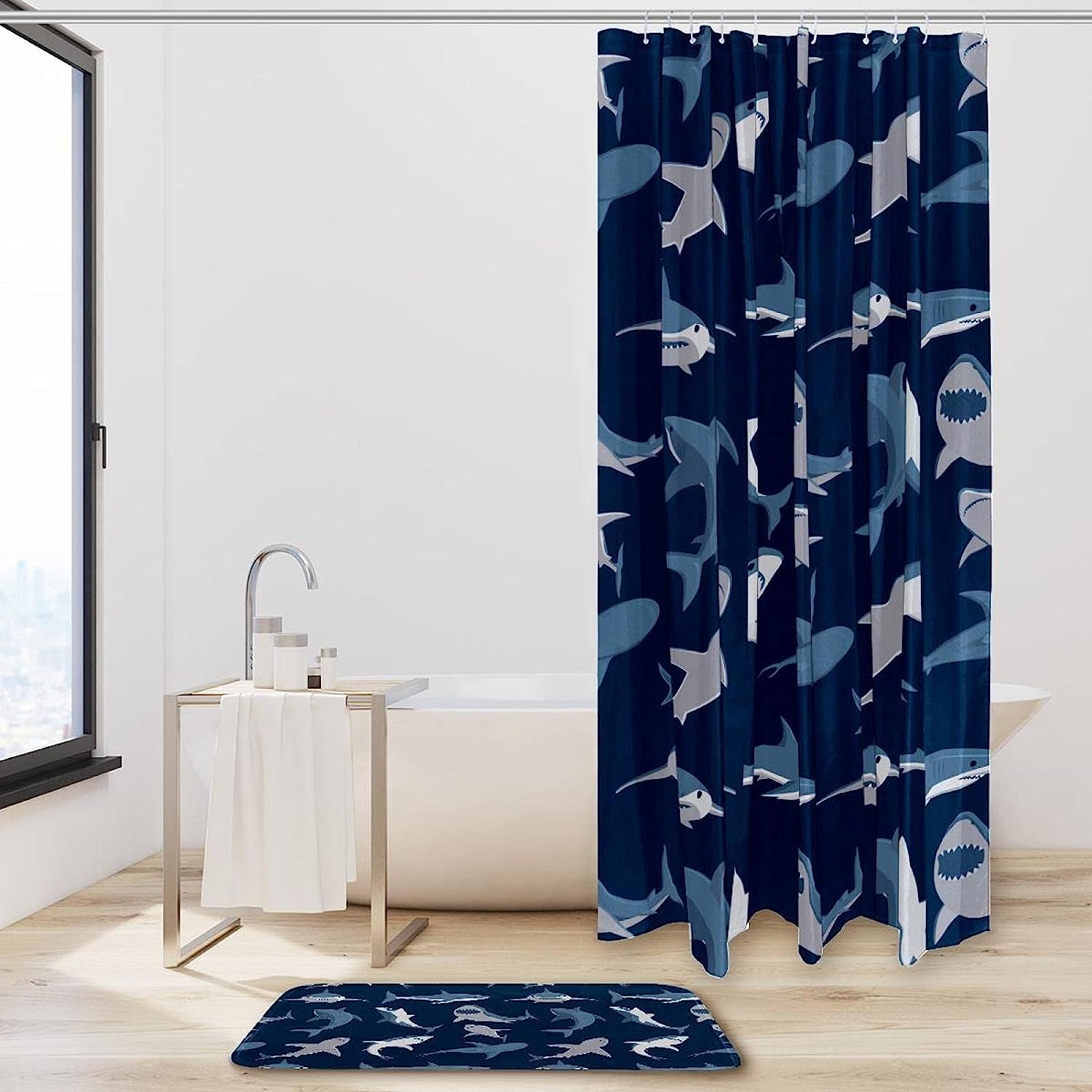 Blue Sharks Pattern Navy Background Shower Curtain, Waterproof Fabric, Bathroom Accessories - Image 2