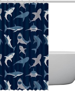 Blue Sharks on Black Shower Curtain - Waterproof Bath Stall Size for Hotel Bathroom Curtains