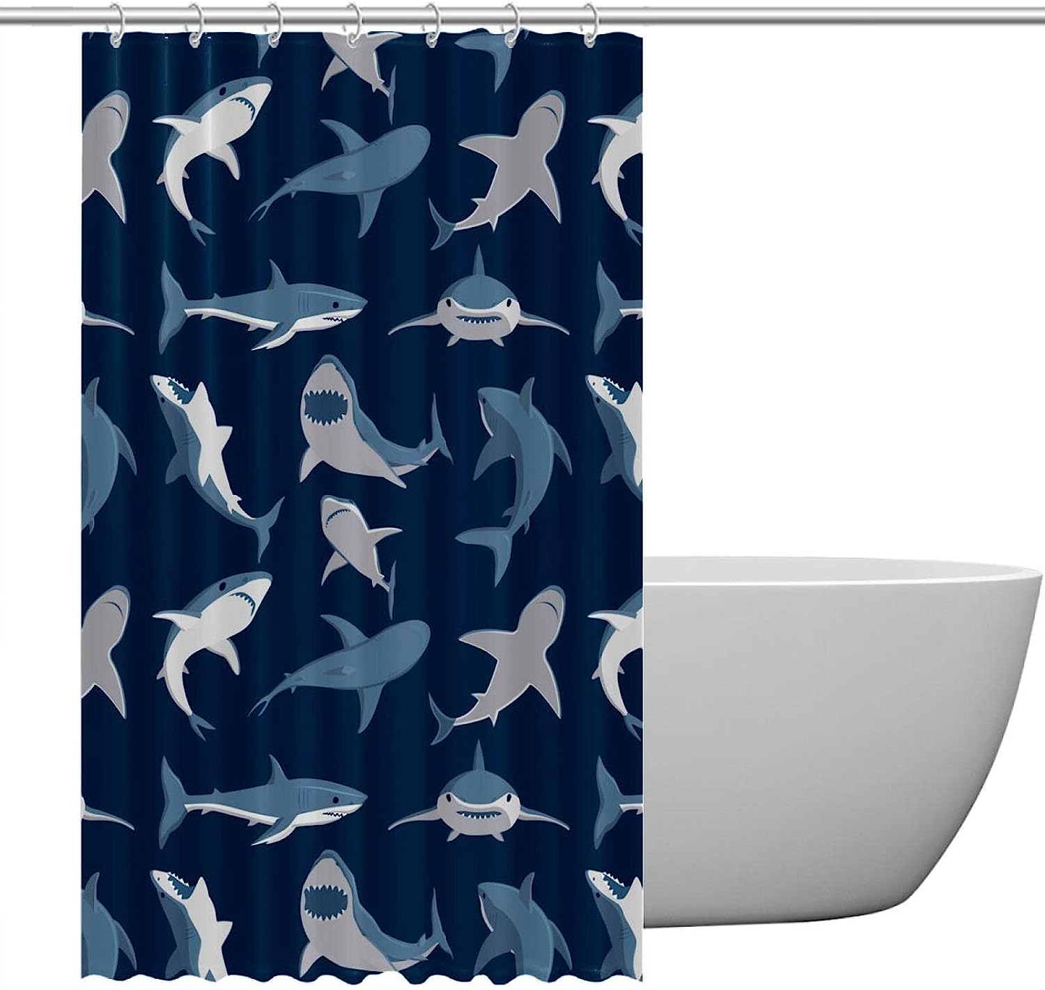Blue Sharks on Black Shower Curtain - Waterproof Bath Stall Size for Hotel Bathroom Curtains