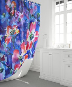 Blue Shower Curtain With Original Watercolor Artwork Of Red Flowers And Colorful Motifs