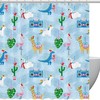 Blue Shower Curtain with Illustration of Dinosaur, Flamingo and Alpaca by IKfashoni 