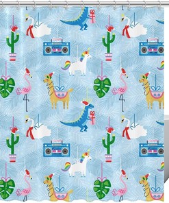 Blue Shower Curtain with Illustration of Dinosaur, Flamingo and Alpaca by IKfashoni 