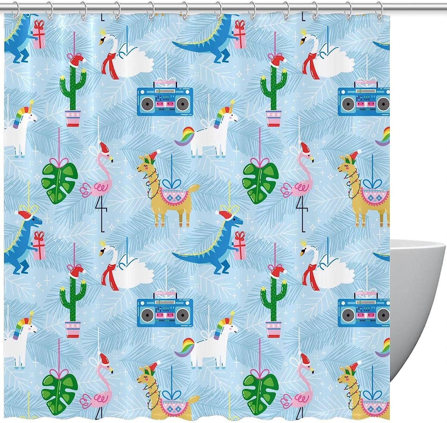 Blue Shower Curtain with Illustration of Dinosaur, Flamingo and Alpaca by IKfashoni