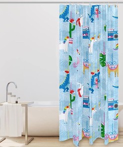 Blue Shower Curtain with Illustration of Dinosaur, Flamingo and Alpaca by IKfashoni