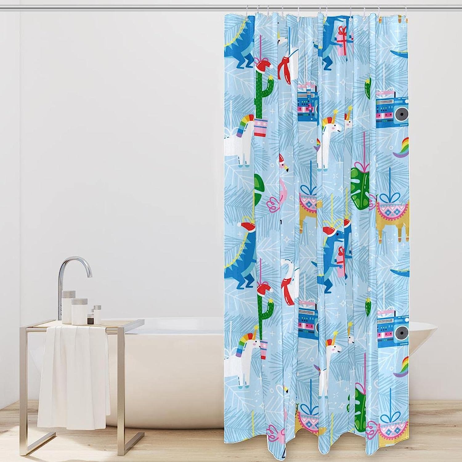 Blue Shower Curtain with Illustration of Dinosaur, Flamingo and Alpaca by IKfashoni