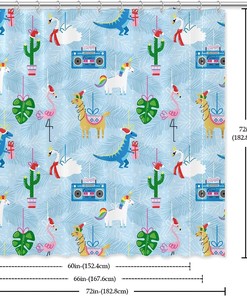 Blue Shower Curtain with Illustration of Dinosaur, Flamingo and Alpaca by IKfashoni