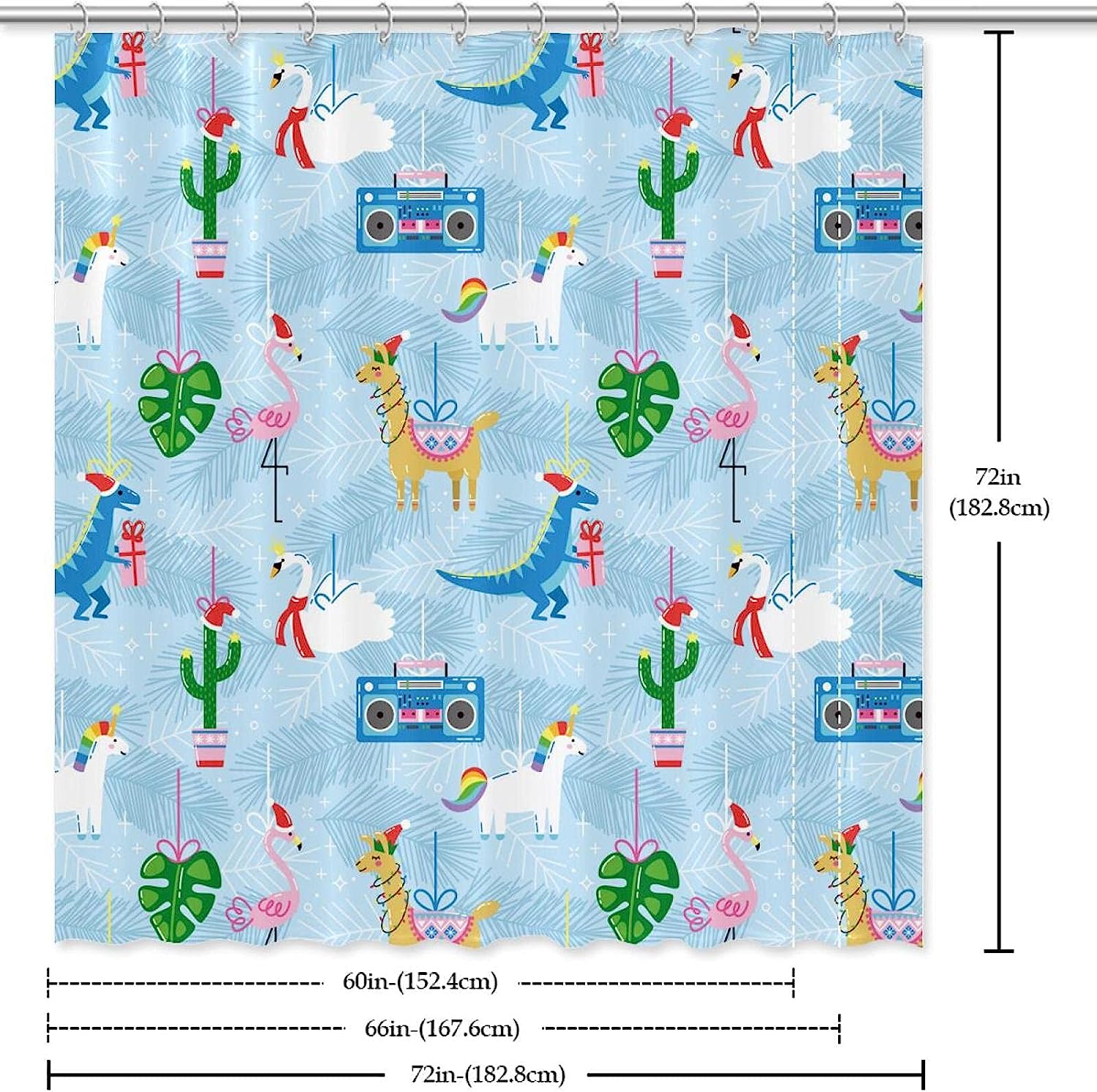 Blue Shower Curtain with Illustration of Dinosaur, Flamingo and Alpaca by IKfashoni