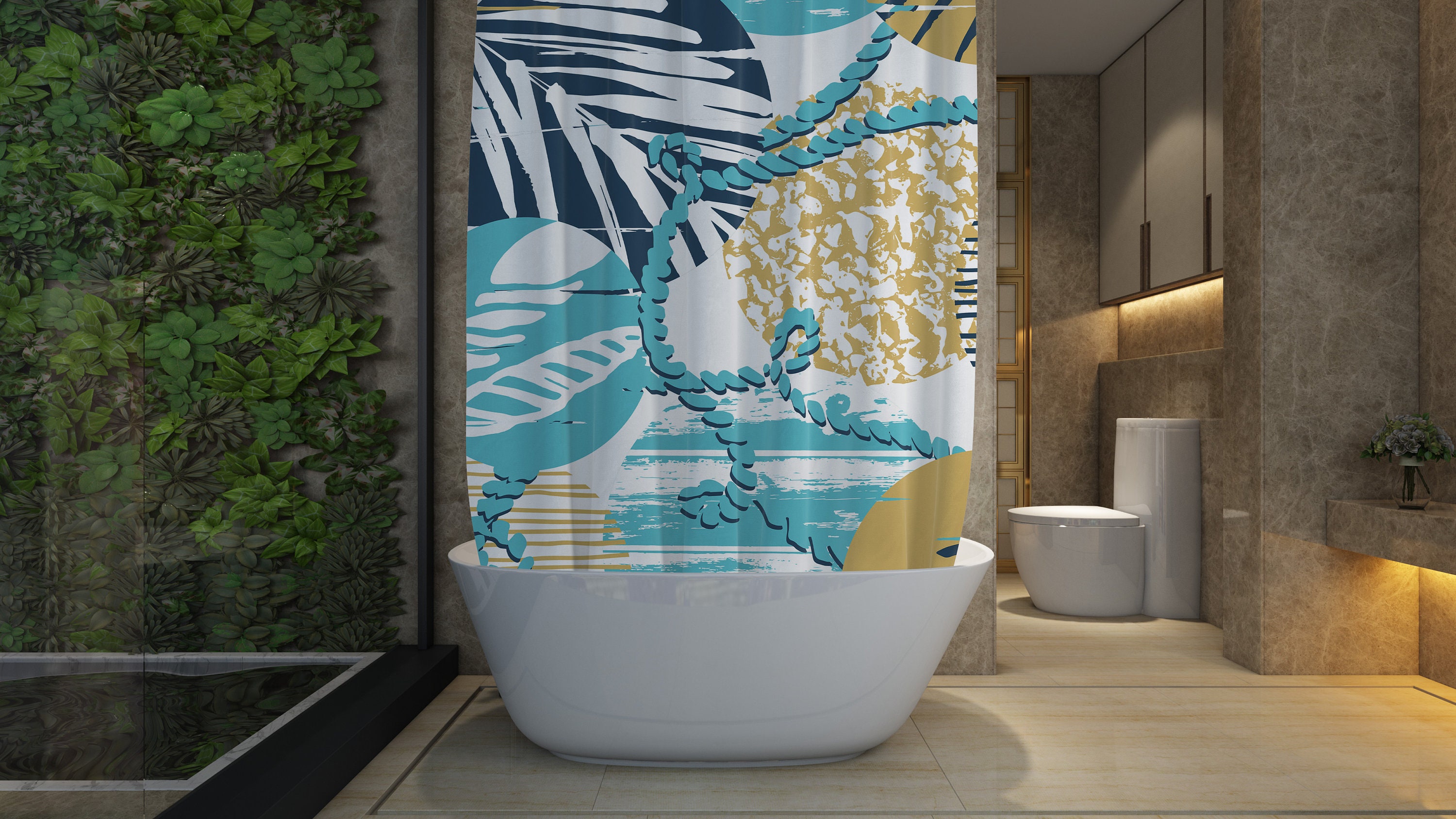 Blue Shower Curtain with Ocean Design, Tropical Bath Decor for a Beach-Themed Bathroom