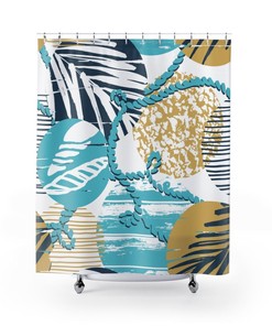 Blue Shower Curtain with Ocean Design, Tropical Bath Decor for a Beach-Themed Bathroom