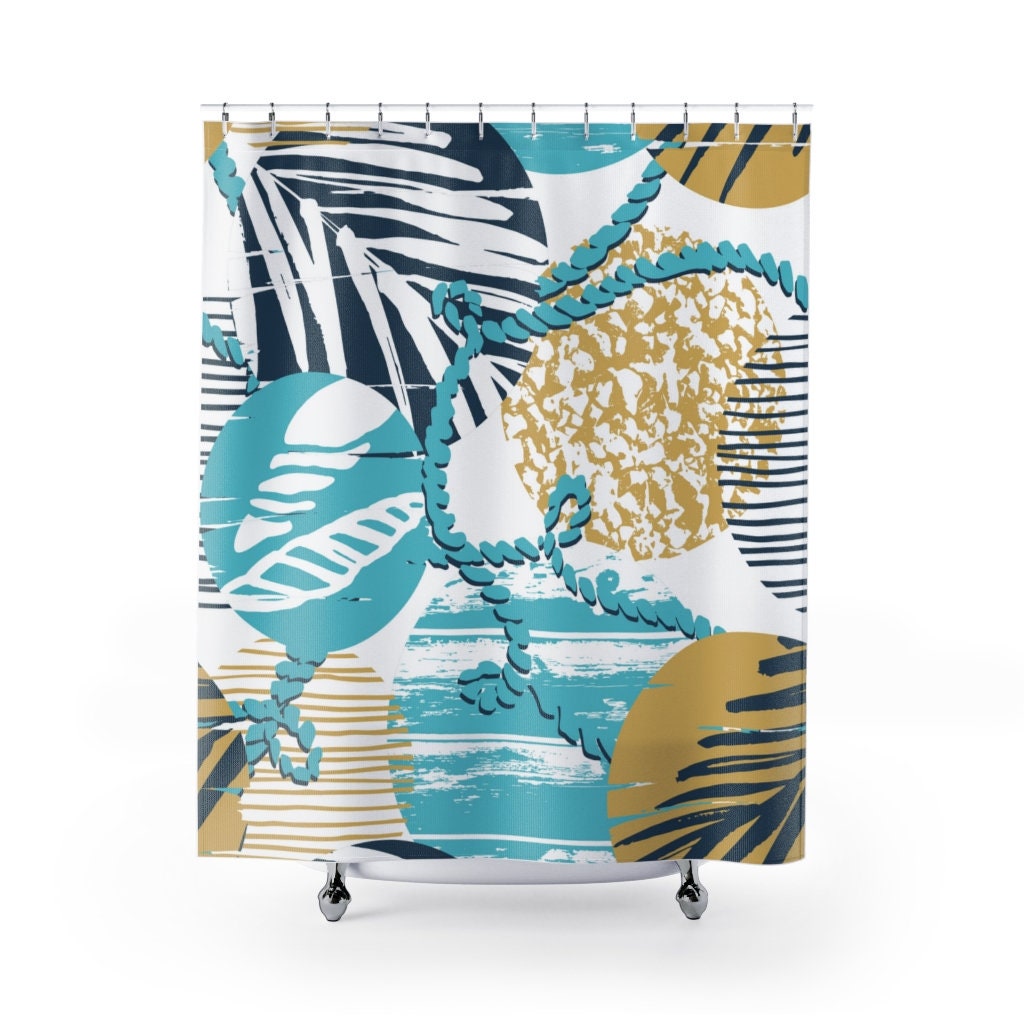Blue Shower Curtain with Ocean Design, Tropical Bath Decor for a Beach-Themed Bathroom