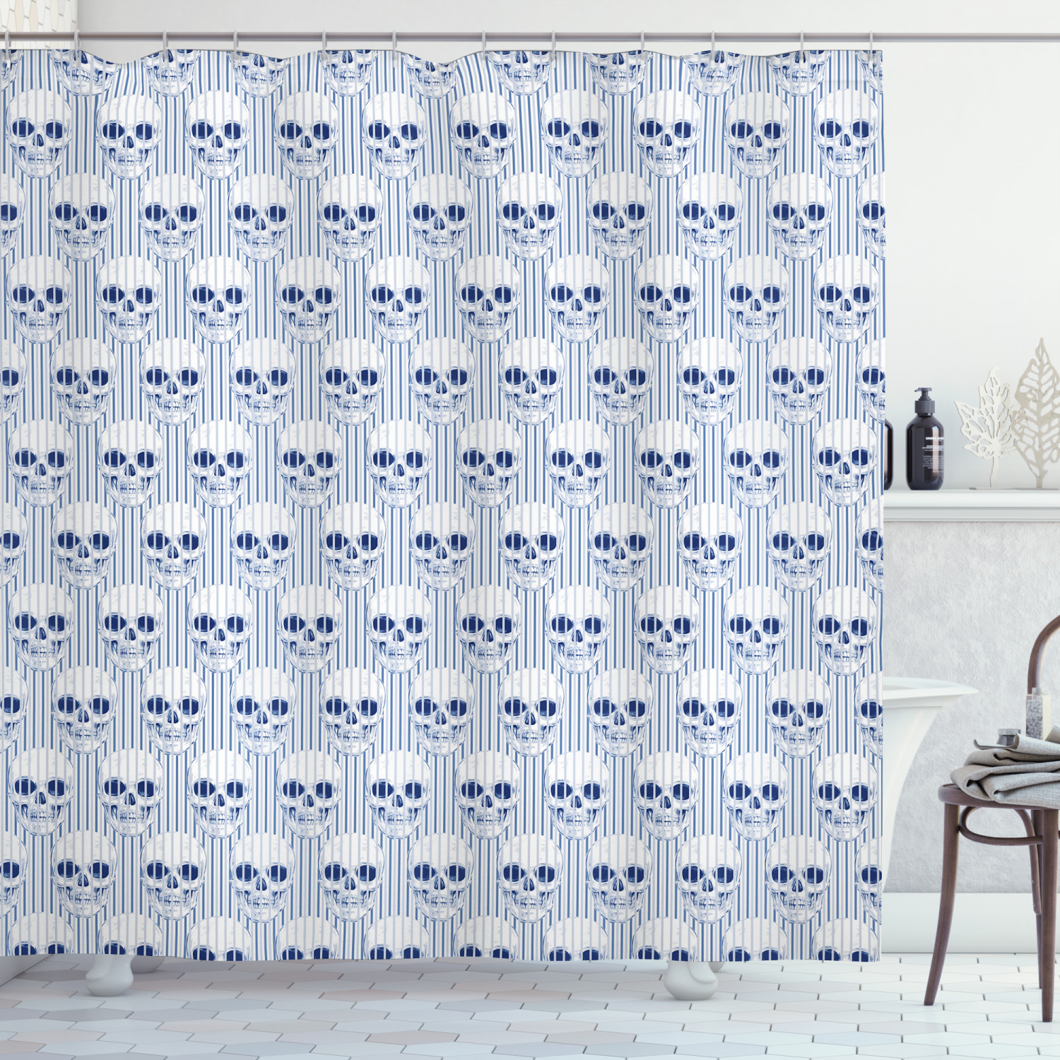 Blue Skulls Geometric Optical Pattern Shower Curtain For Modern Bathroom Decor