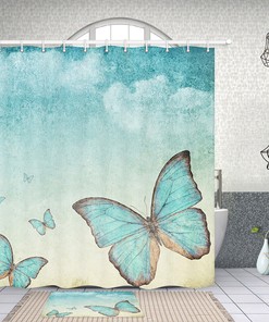 Blue Sky Butterfly Oil Painting Print Fabric Shower Curtain for Bathroom