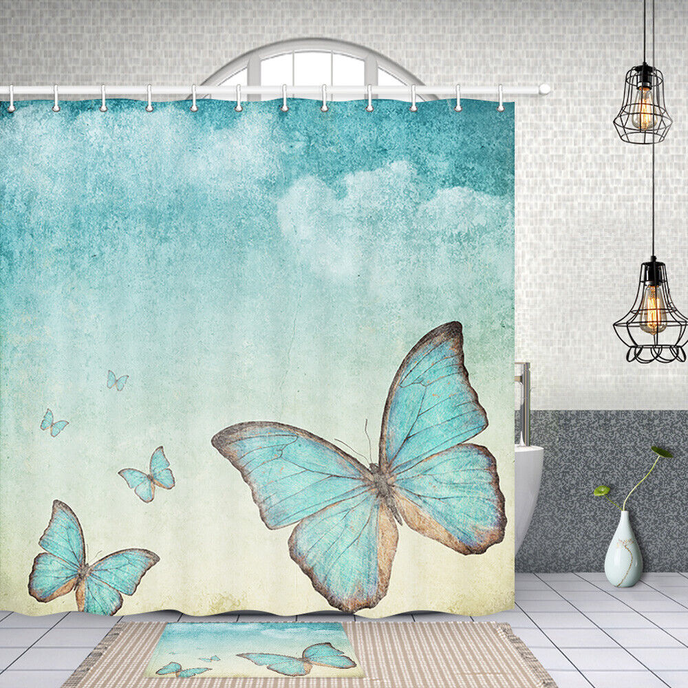 Blue Sky Butterfly Oil Painting Print Fabric Shower Curtain for Bathroom
