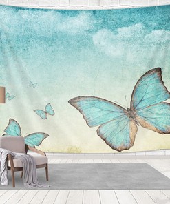 Blue Sky Butterfly Oil Painting Print Fabric Shower Curtain for Bathroom