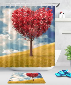 Blue Sky Cloud Red Heart Tree Shower Curtain for Bathroom Decor