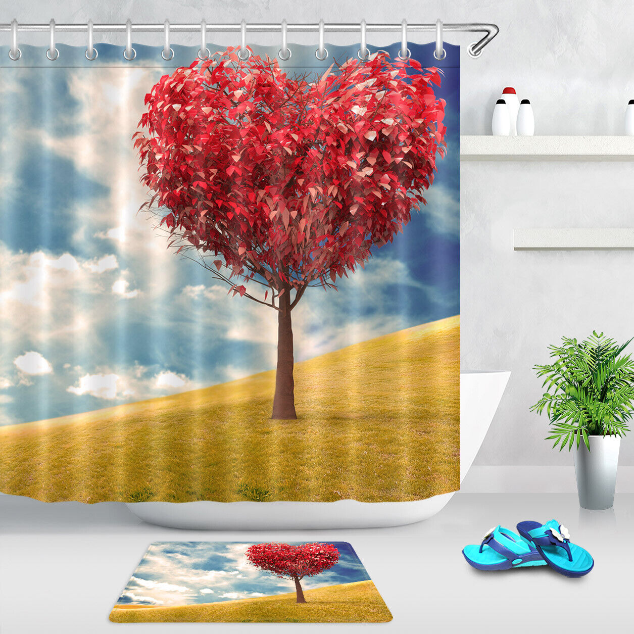 Blue Sky Cloud Red Heart Tree Shower Curtain for Bathroom Decor