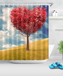 Blue Sky Cloud Red Heart Tree Shower Curtain for Bathroom Decor