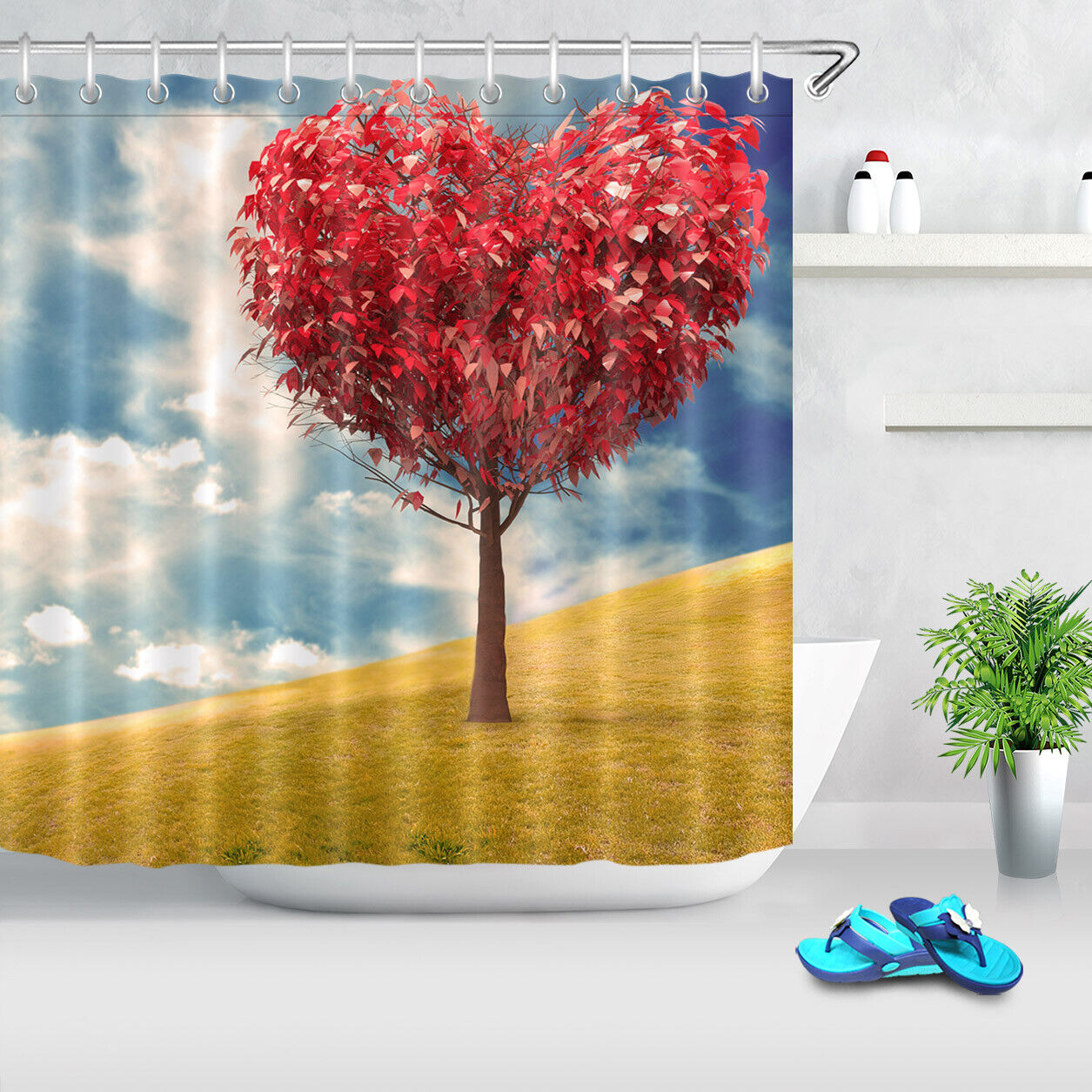 Blue Sky Cloud Red Heart Tree Shower Curtain for Bathroom Decor