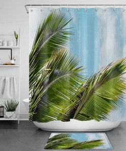 Blue Sky and Clouds Tropical Palm Leaf Shower Curtain, Waterproof for Bathroom Decor 