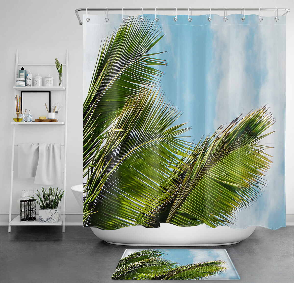 Blue Sky and Clouds Tropical Palm Leaf Shower Curtain, Waterproof for Bathroom Decor