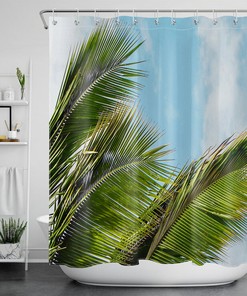 Blue Sky and Clouds Tropical Palm Leaf Shower Curtain, Waterproof for Bathroom Decor